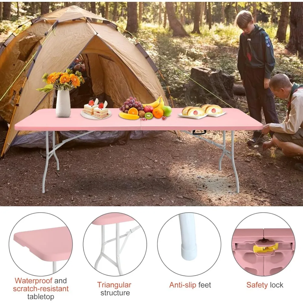 Heavy-Duty 8-Foot Foldable Plastic Utility Table for Multi-Purpose Use - Portable Folding Dining Table with Half Folding Design