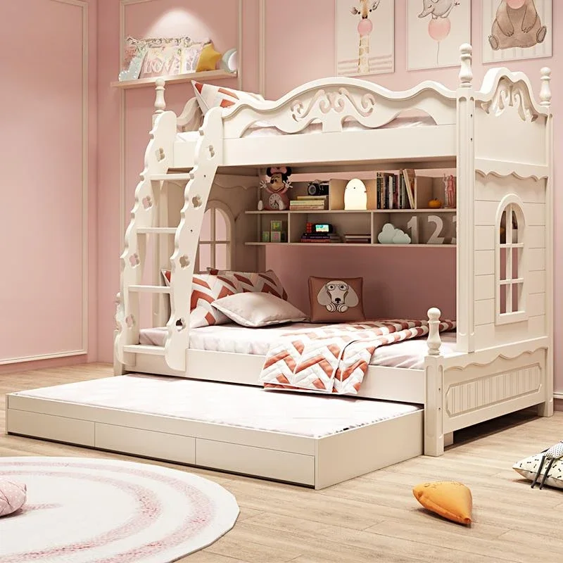 European Bunk Children Beds Princess Minimalist Exquisite Engraving White Finish Children Beds Loft Girls Kinderbett Furniture