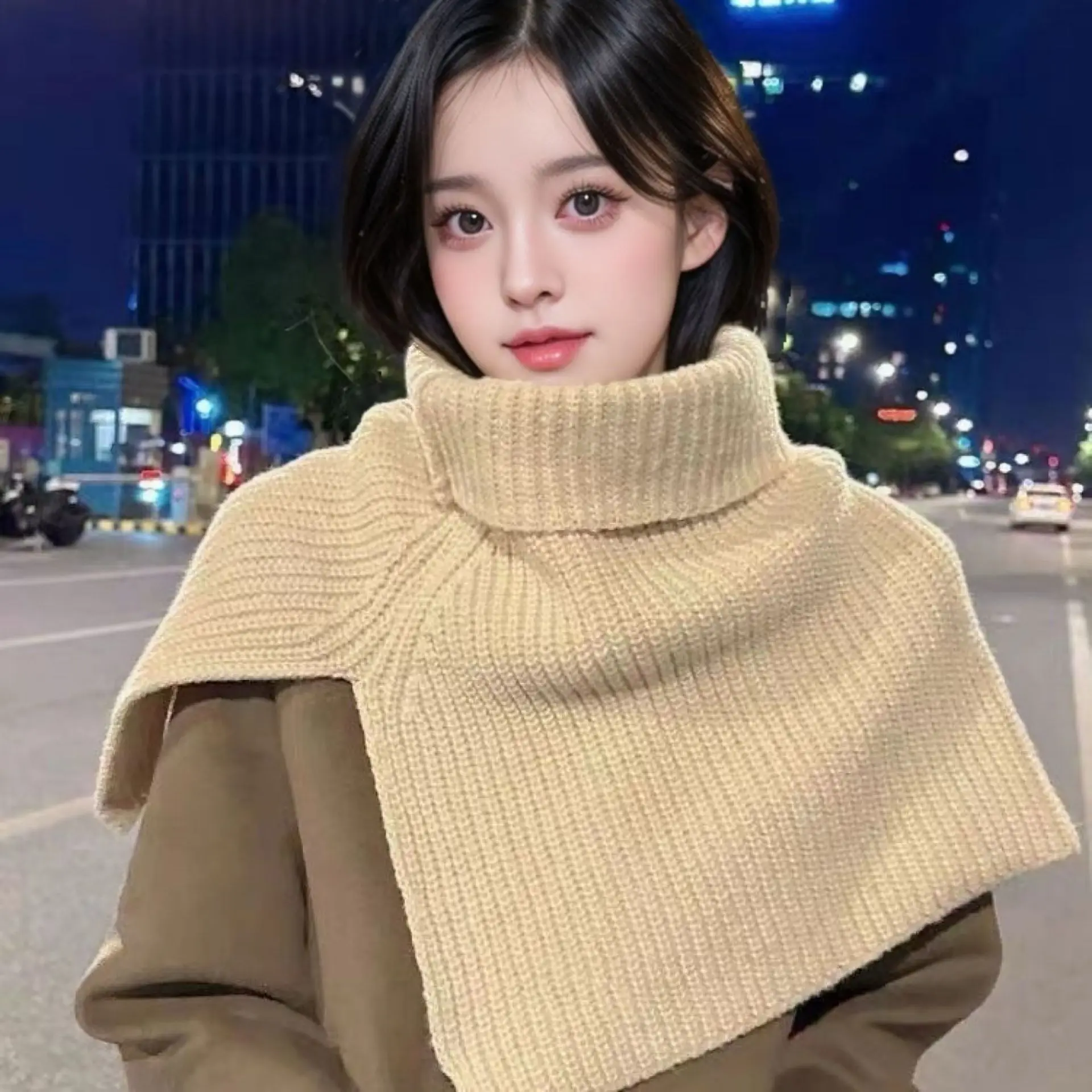 Split High Neck Knit Shawl for Women Winter Warm Pullover Scarf Neck Warmer Versatile Cold Weather Wrap