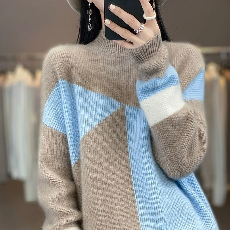 New Autumn/Winter Fashion Korean Edition Color Block Half High Neck Loose Versatile Western Style Slim Women\'s Knitted Sweater