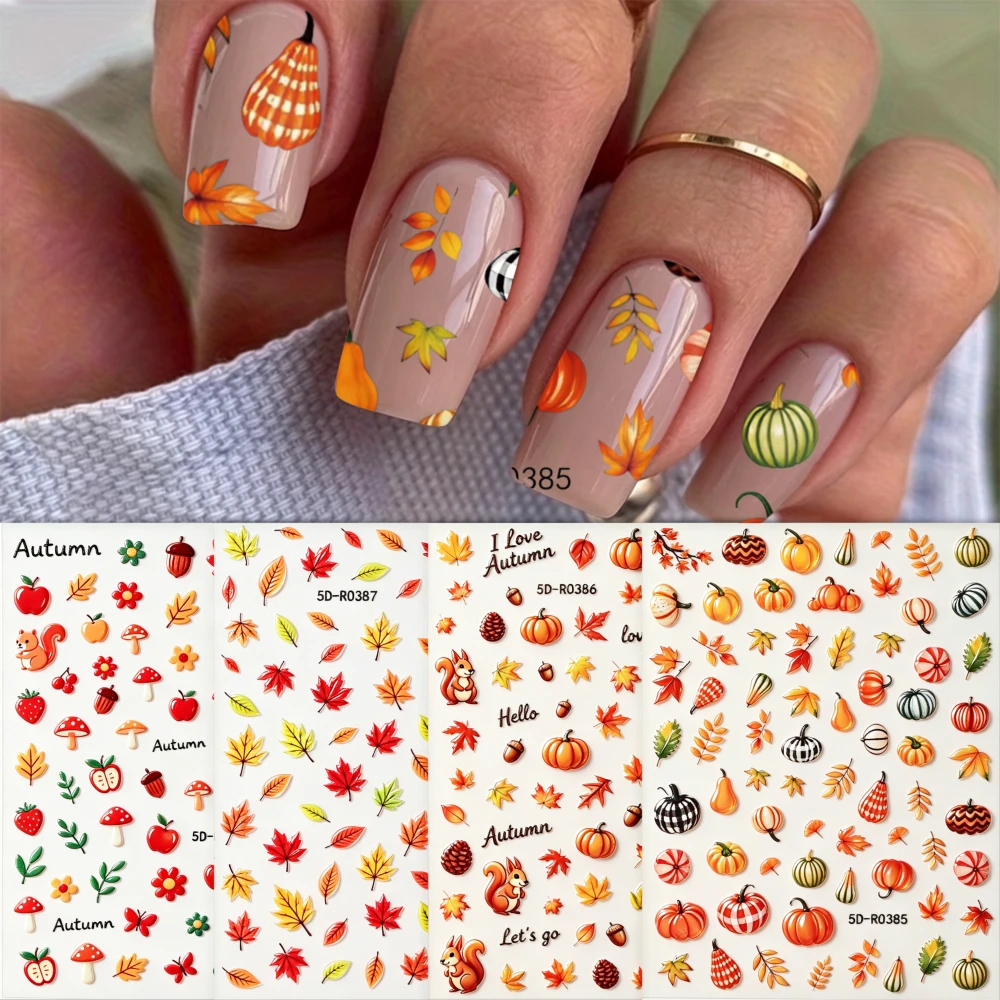 4Pcs 5D Autumn Maple Pumpkin Squirrel Nail Stickers Mushroom Pinecone Flower Self Adhesive Decal for Thanksgiving Manicure Decor