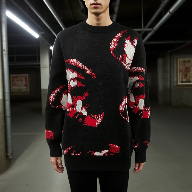 Halloween Gothic Eye Pattern Sweater Men's and Women's Extra Large Knitted Hoodie Harajuku Street Wear Y2K Aesthetic Top