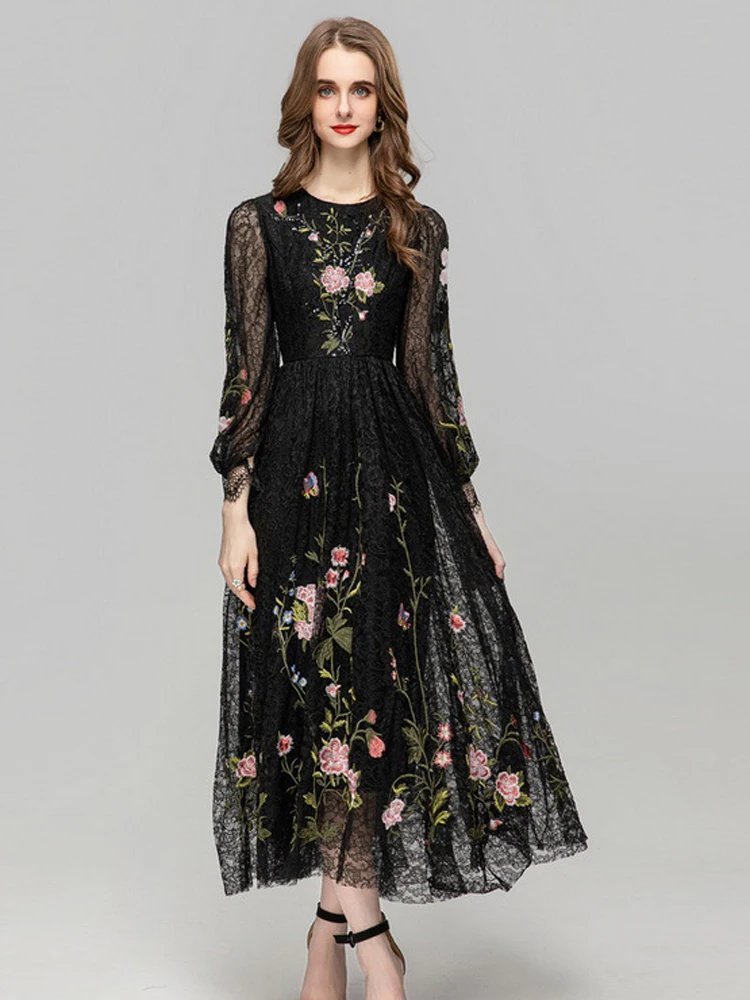 

Spring Fashion Designer Black Vintage Lace Dress Women's O Neck Sequins Embroidery High Waist A-LINE Slim Long Dresses