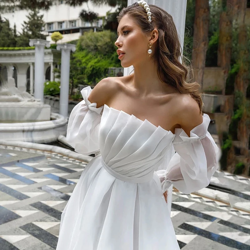 Strapless Elegante A-lijn Eenvoudige Reis Afneembare Mouwen Sweep Trein Vintage Chiffon Ruches Trouwjurk Jurk Bridal Dress