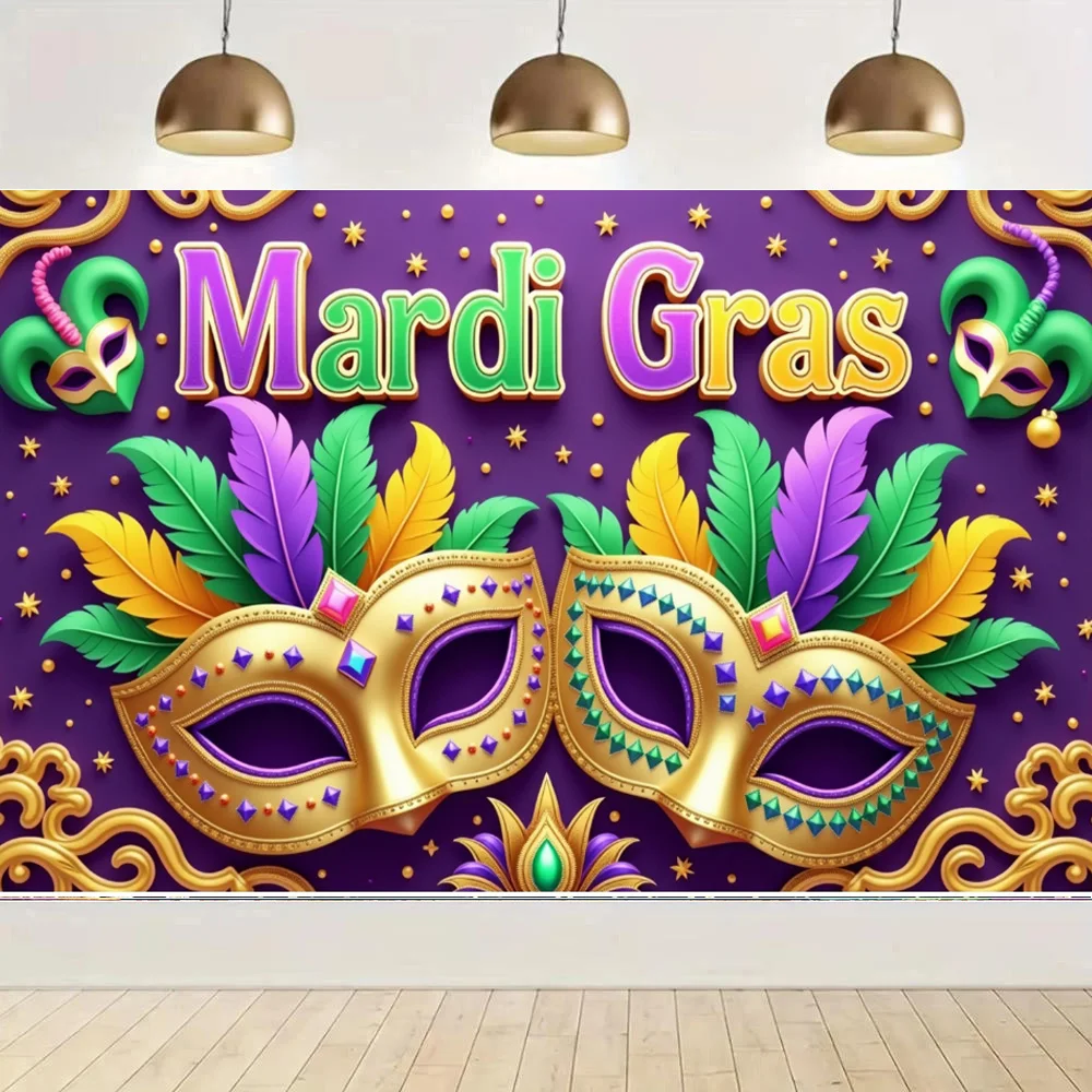 ريش ماردي غرا راية أقنعة ذهبية كرنفال عرض ستار زينة خلفية أرجوانية خلفية مهرجان لحفلة الكرنفال #1