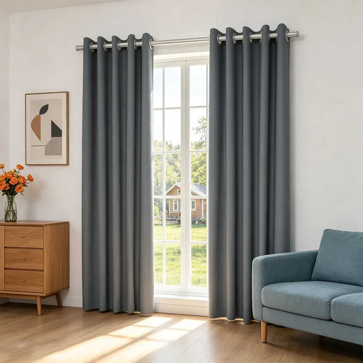 Dark Gray Solid High‑Density Blackout Curtain, Grommet Top, Privacy Window Curtain for Bedroom Living Room, 2 Panels