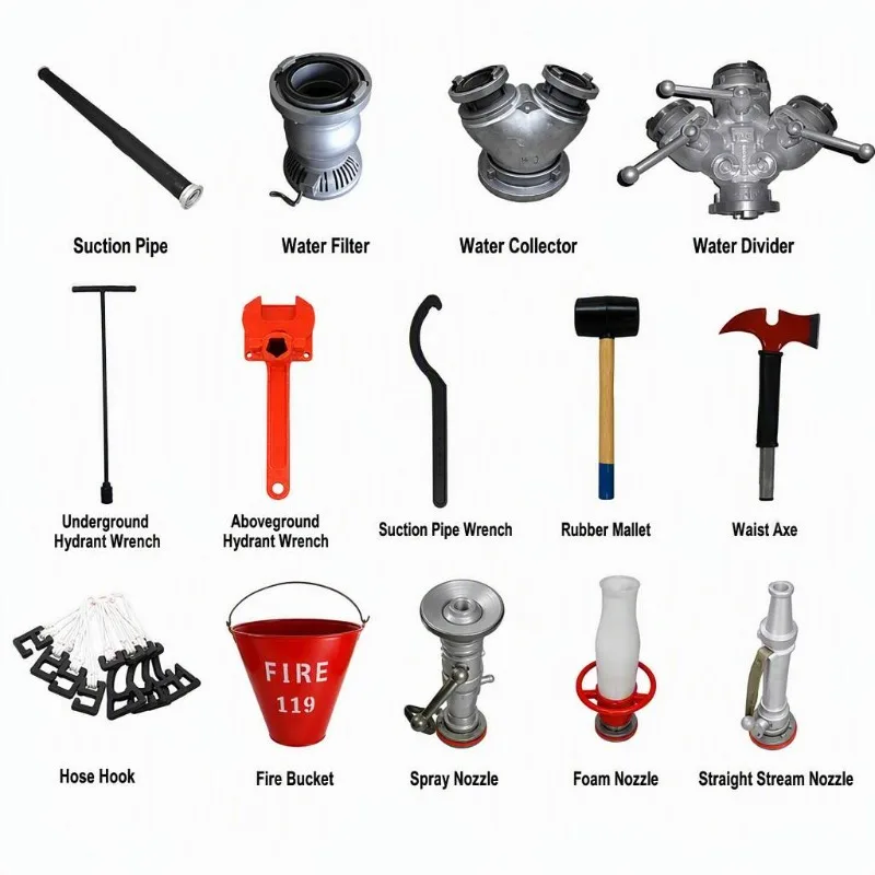 Complete set of professional fire truck accessories, including water distributor, suction pipe, and fire hydrant wrench kit