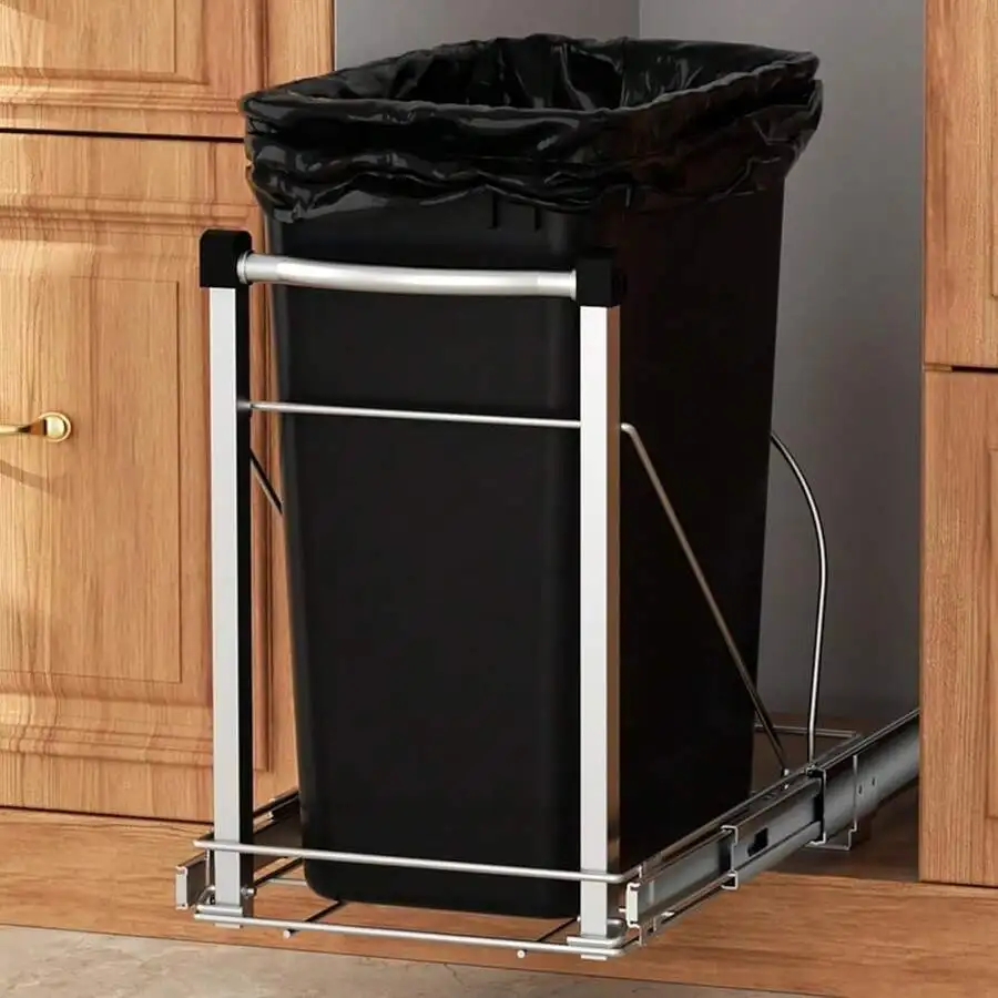 

Adjustable Under Cabinet Pull-Out Trash Can Organizer With Soft Close Rail Heavy Duty Steel Fits 7-13 Gallon