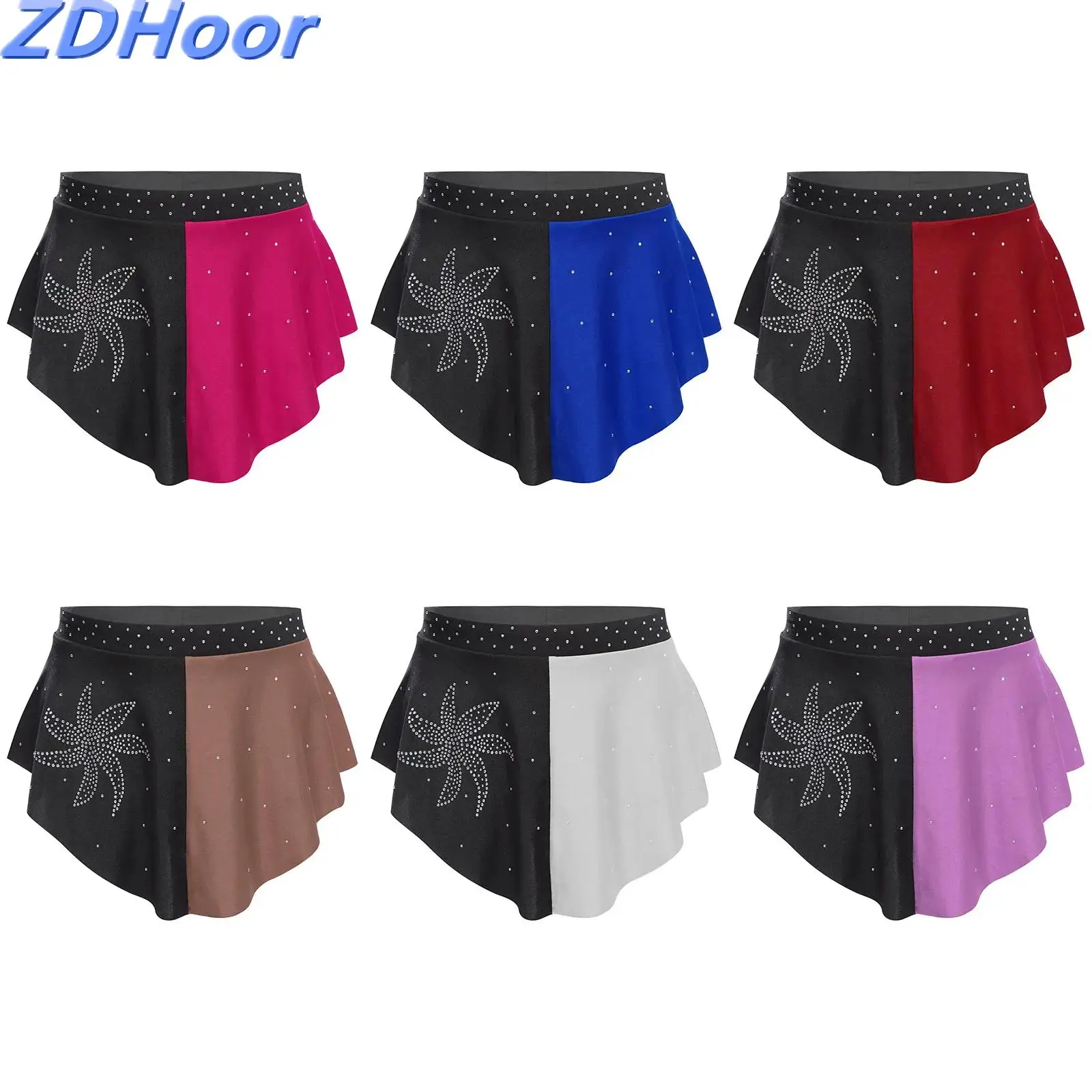 

Kids Girls Dance Skirts Elastic Waistband Color Block Shiny Rhinestones Skirt with Built-in Briefs Lyrical Costume