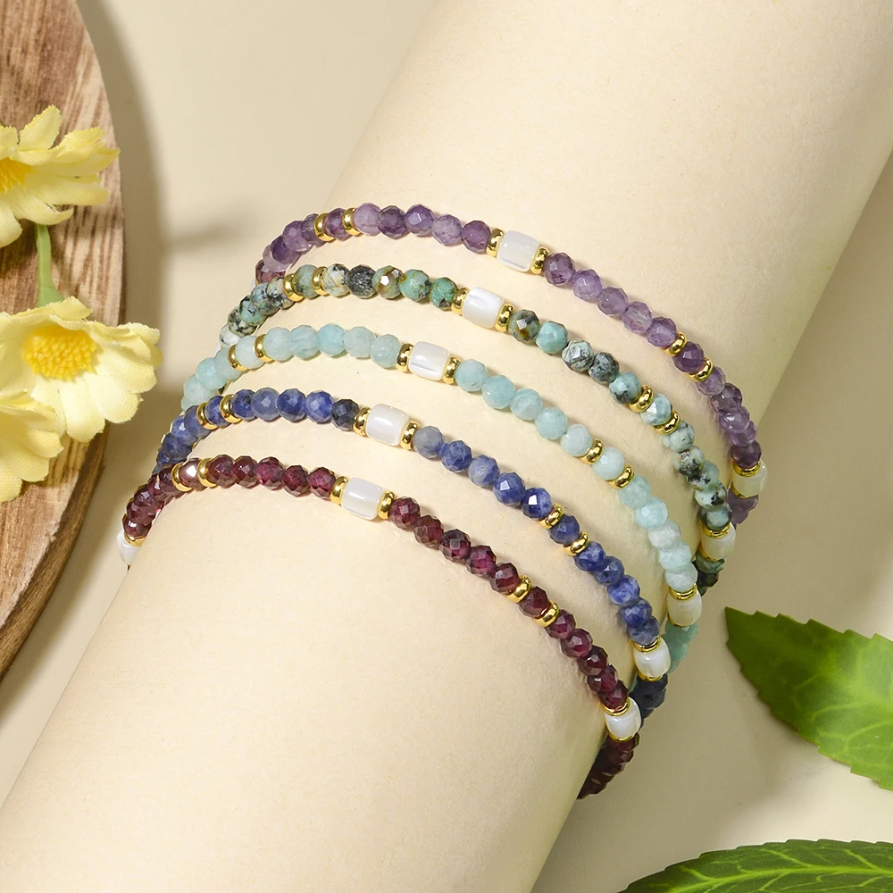 تصميم بوهيمي 3 مم من حجر الجمشت الطبيعي خرز دائري الأوجه وسوار خرز على شكل صدفة للنساء للعطلات والارتداء اليومي #4