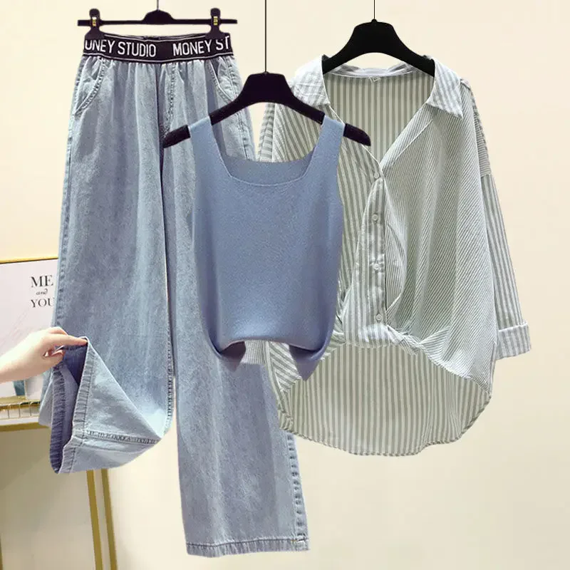 Women's Spring Summer Loose Stripe Shirts Vest Letter Wide Leg Denim Pants 1 or 3 Piece Set Lady Casual Blouse Jeans Outfits