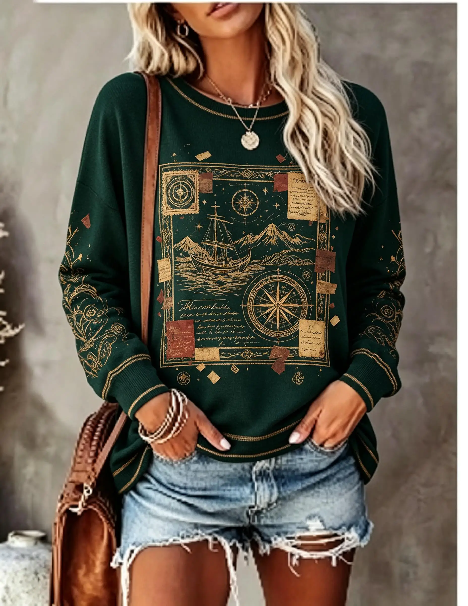 Women Crew Neck Long Sleeve T‑Shirt, Vintage Postage Stamp Travel Map Print Casual Loose Pullover Tops
