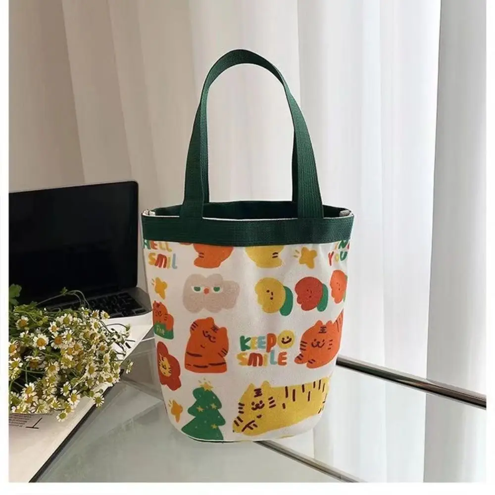 

Animal Print Cartoon Bucket Bag Fresh Canvas Material Hand Graffiti Cylinder Handbag Lunch Box Bag Daily Matching