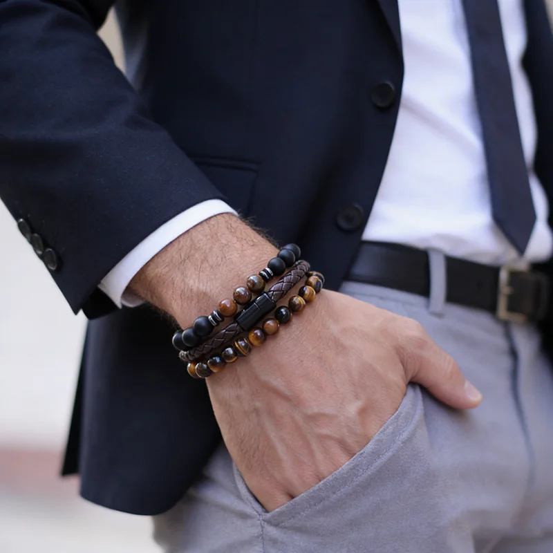 Noter 3Pcs Per Set Men Bracelet Environmentally Friendly Materials 8mm Tiger Eyes Howlite Strand Bangle Perfect Gift For Him