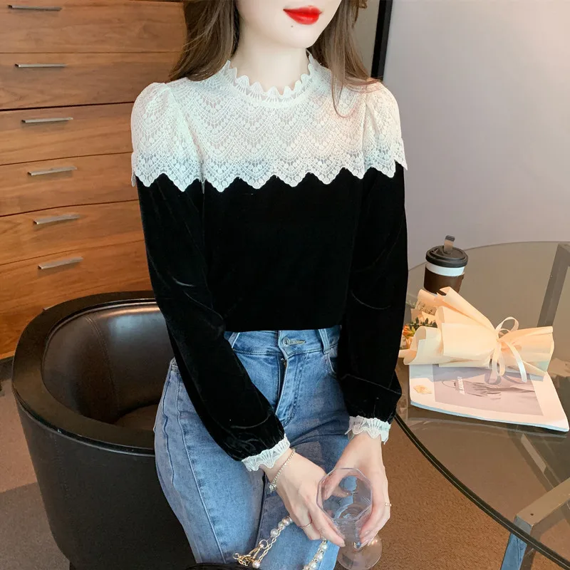 Stand Collar O Neck Lace Crochet Black Velvet Shirt Women Blusa Mujer Tops Chic Elegant Blouse for Women Clothes