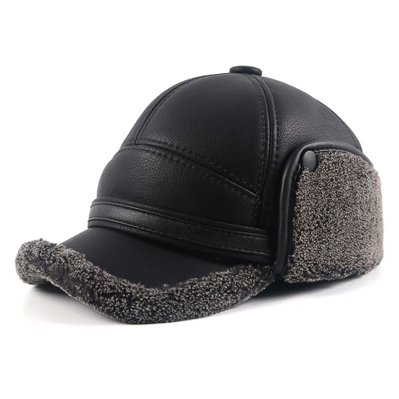 Men\'s Winter Earflap Hat Ushanka Outdoor 2025 Keep Warm Pu Leather Faux Fur Baseball Cap Russian Bomber Hat Man Black Snow Caps