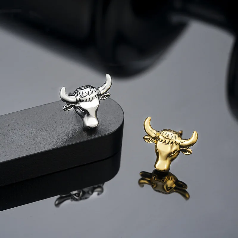 3D Retro Bull Head Two Tone Stainless Steel Stud Earrings Taurus Zodiac Punk Animal Piercing Jewelry for Men