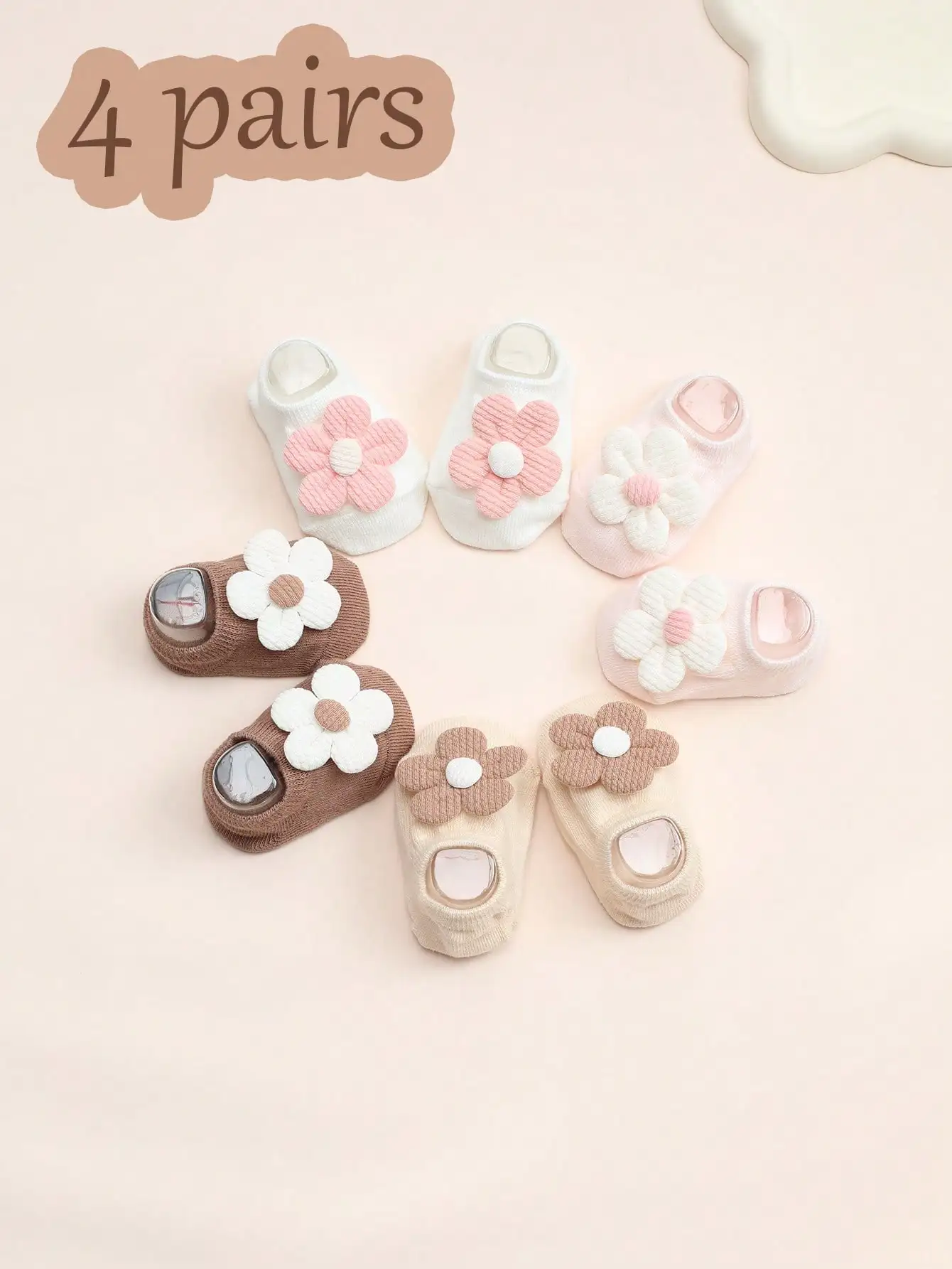 4 Pairs Baby Girl Anti Slip Boat Socks 3D Flower Decor Floor Ankle Socks Newborn Toddler 0-2Y All Season Daily Matching Socks