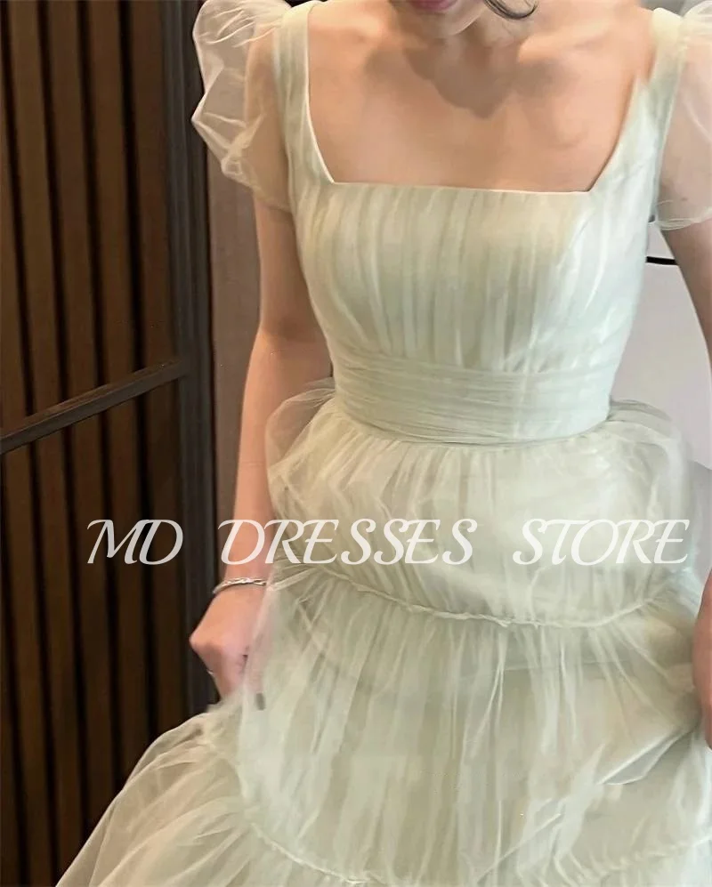 MD A-line Fairy Mint Green Wedding Dresses Puff Short Sleeves Bride Gowns Korea Tiered Photoshoot Square Neck Customized 2025