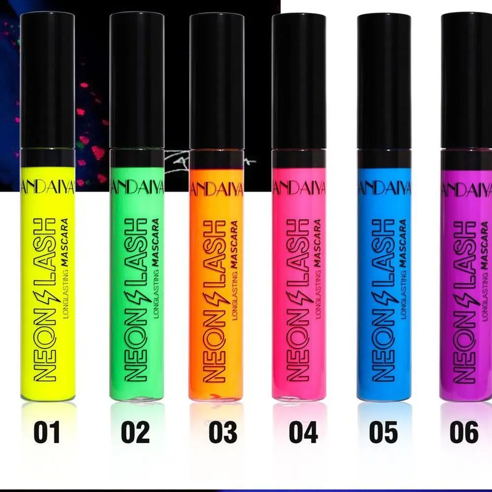 Ultrafijne Uv-Lichtgekleurde Mascara 6 Kleuren Krullen Dikke Fluorescentie Mascara Niet-Veeg Waterdichte Kleurrijke Neon Wimpers