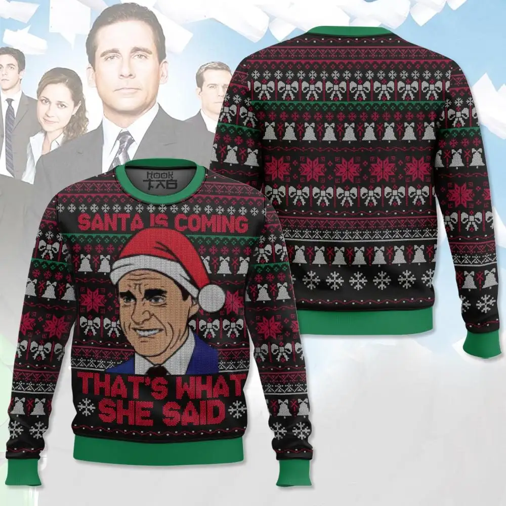 Michael Scott Santa Is Coming The Office Ugly Christmas Sweater Funny Holiday Party Pullover Sweaters for Men Women Xmas Gift