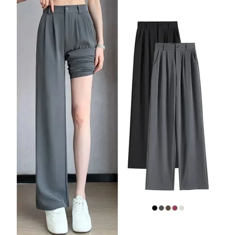 Women Full Length Pants Lady Baggy High Waist Wide Leg Solid Color Trousers Lady Straight Leg Mom Classic Office Pants Slacks