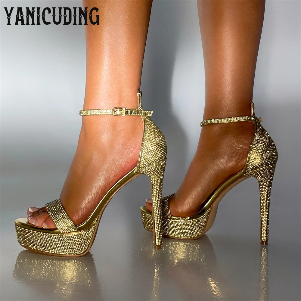 

Rhinestone Platform Stiletto Sandals Sexy Style Ankle Strap Summer High Heels Luxurious Crystal Sandals Banquet Women High Heels