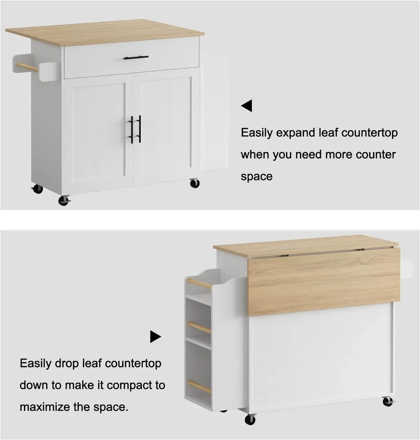 # لجزيرة المطبخ مع مساحة تخزين، جزيرة المطبخ المتداول على عجلات مع أوراق قطرة، 3 أرفف توابل مفتوحة، خزانة باب، دراي*