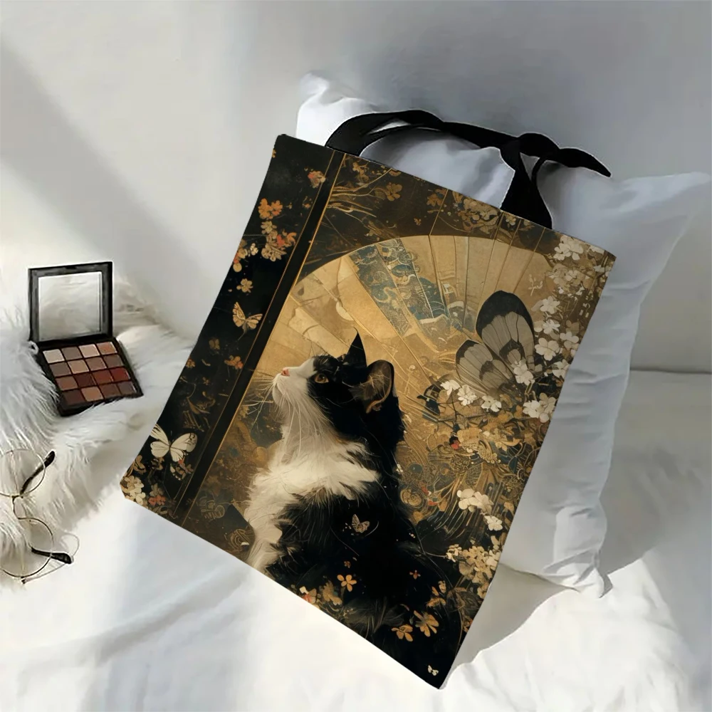 Classic Black And White Cat Tote Bag With Cat Print, Reusable Shoulder Shopping Beach Bag For Women, Durable Casual Carryall