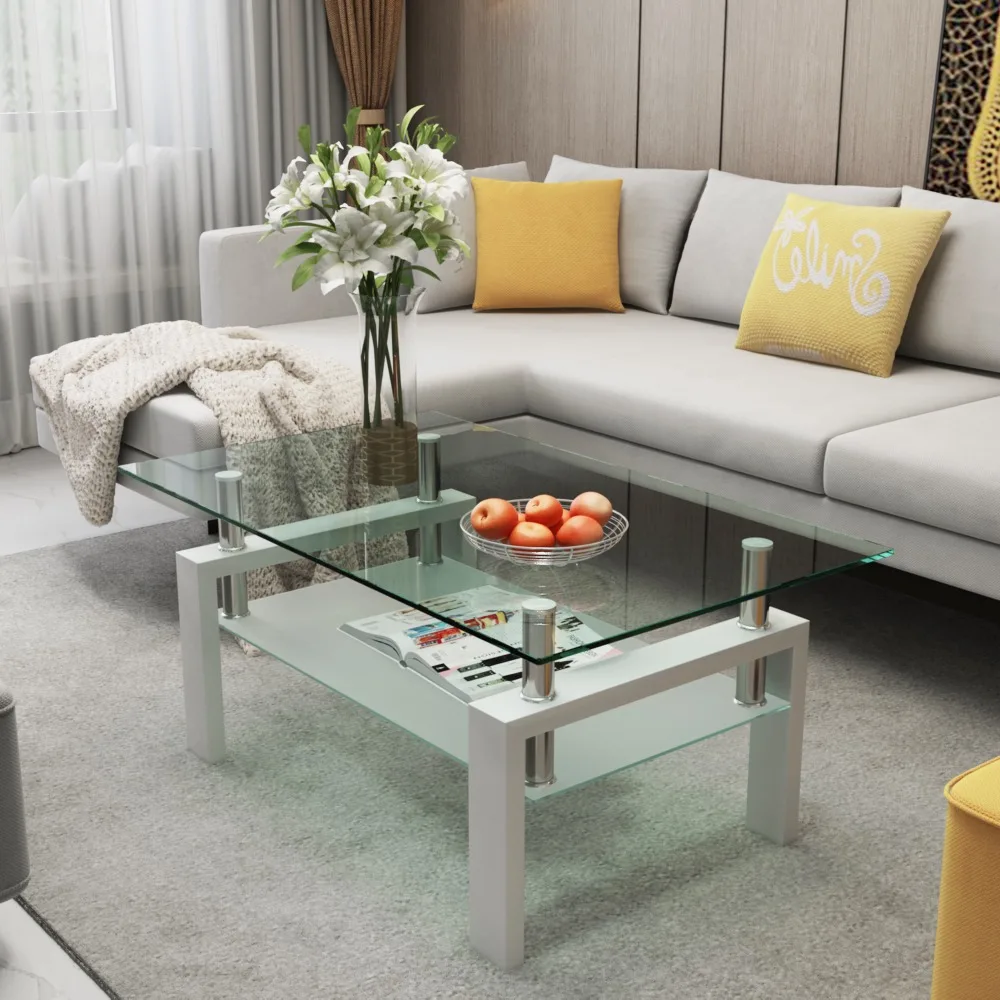 

White Coffee Table, Clear, Modern Side Center Tables for Living Room, Living Room Furniture, End Tables
