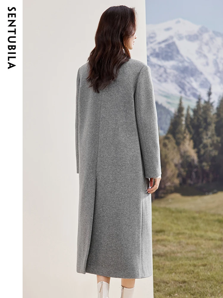 SENTUBILA Women Gray Loose Coat 2025 Winter Elegant Notched Collar Longline Overcoat Korean Popular Women's Clothes 144D58586X