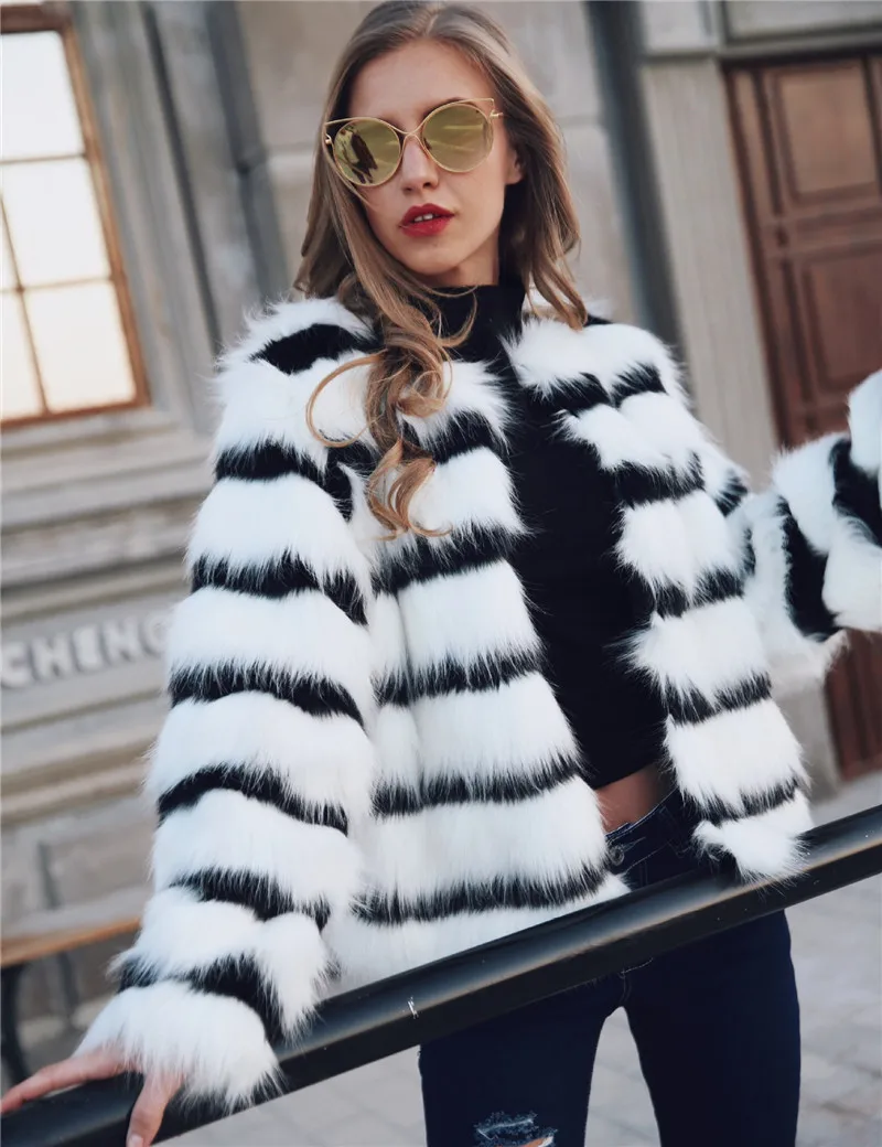 مفصلة مصممة سيدة فرو المنك سترة مخطط الشتاء النساء معطف الفرو البيئي اللون منعت الجولة الرقبة الإناث سترة الفراء الاصطناعي #4