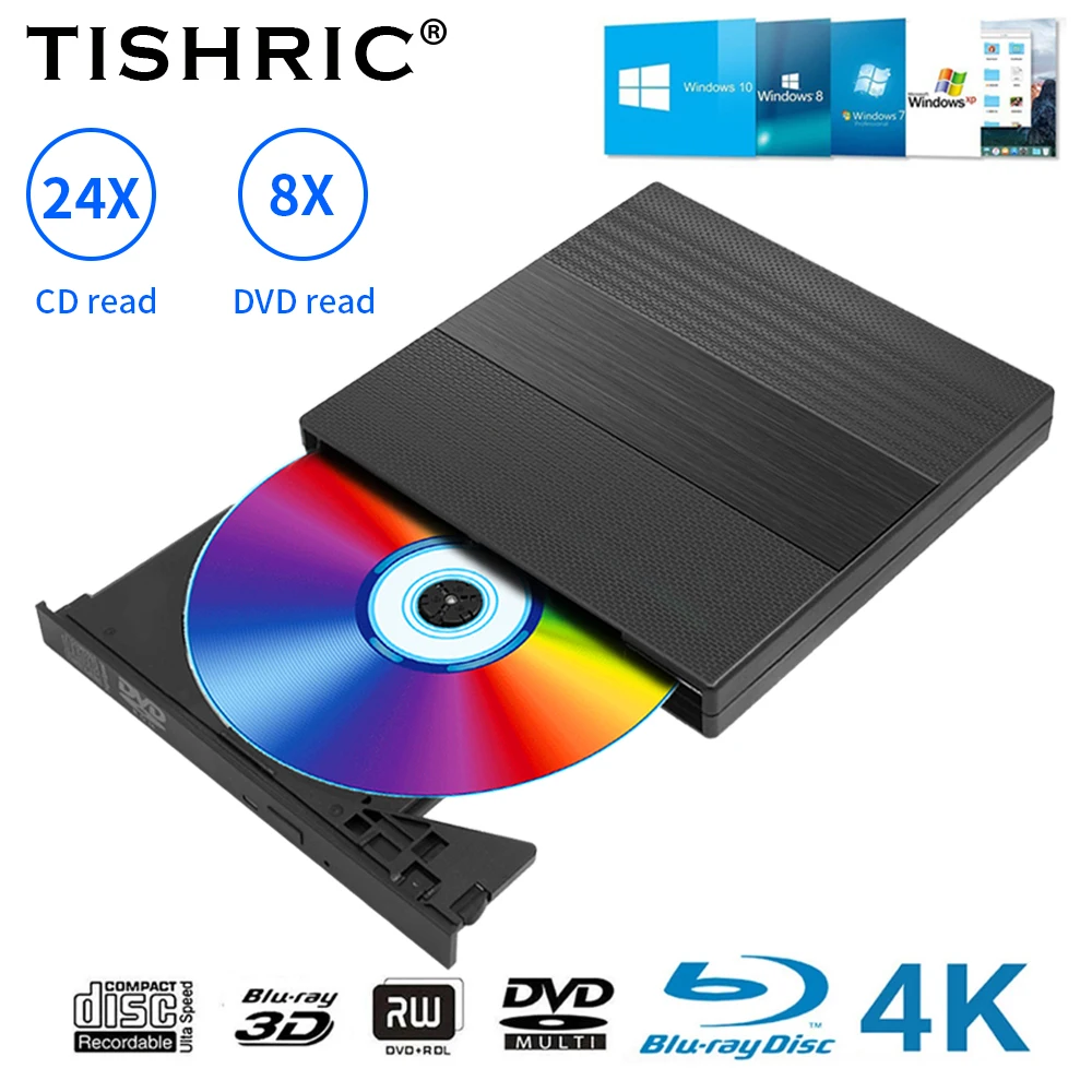 TISHRIC Blu Ray External Optical Drive USB Slots Optical Drive CD DVD Drives 3D Blu-Ray Writer Reader Burner For Laptop