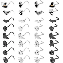 ZS 1PC Black Color Stainless Steel Nose Stud Pumpkin Wings Cross Nose Piercing L Shape Nostril Piercing 20G Halloween Jewelry