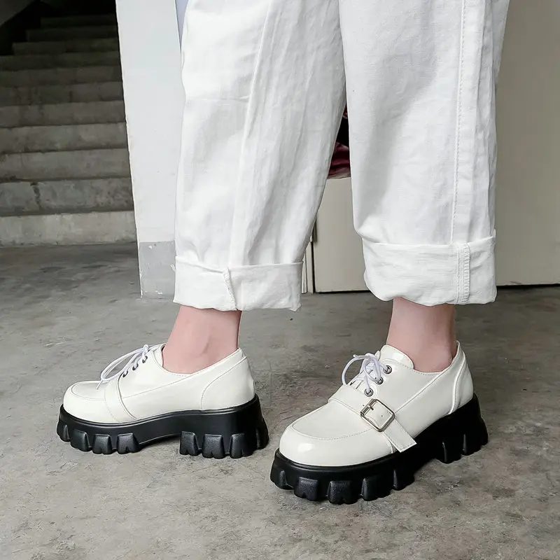 Women Platform Pumps 2023 Autumn 6cm High Heels Patent Leather Black Shoes Lace Up Lolita Japanese Female Shoes Big Size 32-46