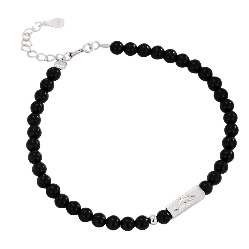 

S925 Sterling Silver Black Agate Dolphin Ball Lover Bracelet Small Temperament Jewelry for Men and Women