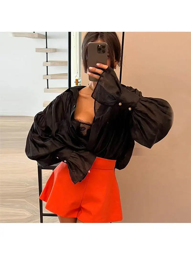 

Sweet Fre Loose Long Sved irt Top Autumn 2025 New Arrival Linen Hemp Material Bell Sve Mid-Length Open Cardigan