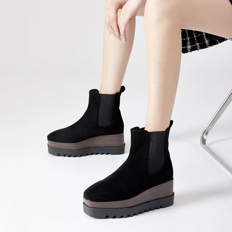 8cm Chunky Platform Boots Womens High Heels Winter Warm Ankle Boots Casual Square Toe  Wedges Creepers Black Ladies Boots