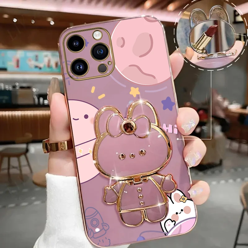Planet Mirror Rabbit Phone Holder Case On For iPhone 14 11 12 13 Pro Max Mini 8 7 6 6S Plus 10 X Xr Xs Max SE 14pro 13mini Cover