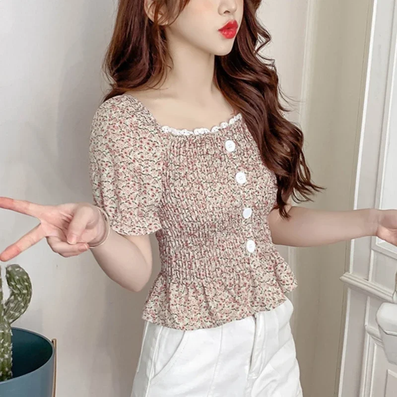 Women Summer Puff Sleeve Tops 2024 Fashion Vintage Lace Floral Printed Chiffon Shirts French Casual Bustier Corset Top Blouse XL