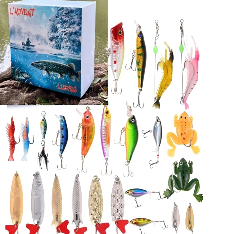 L 'Advent 'LURES 2024 Conjunto de pesca Calendário ADVENT Caixa cega Presente de Natal Equipamento de pesca Calendário de contagem regressiva Caixa cega