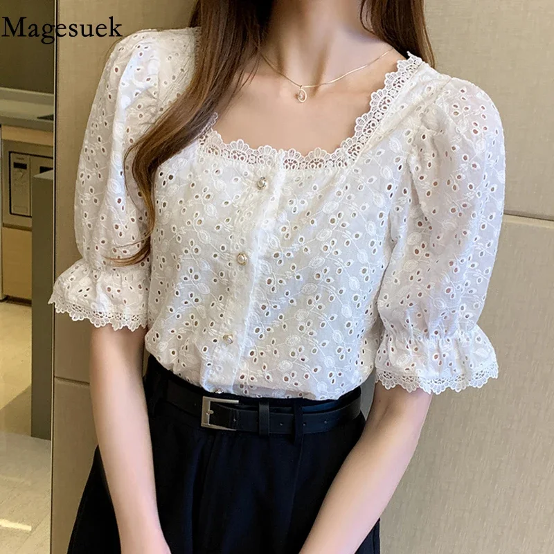 Fashion Elegant Summer Short Sleeve Woman Shirts Square Collar Hollow Out White Blouse Women 2024 Korean Lace Shirt Blusas 13934