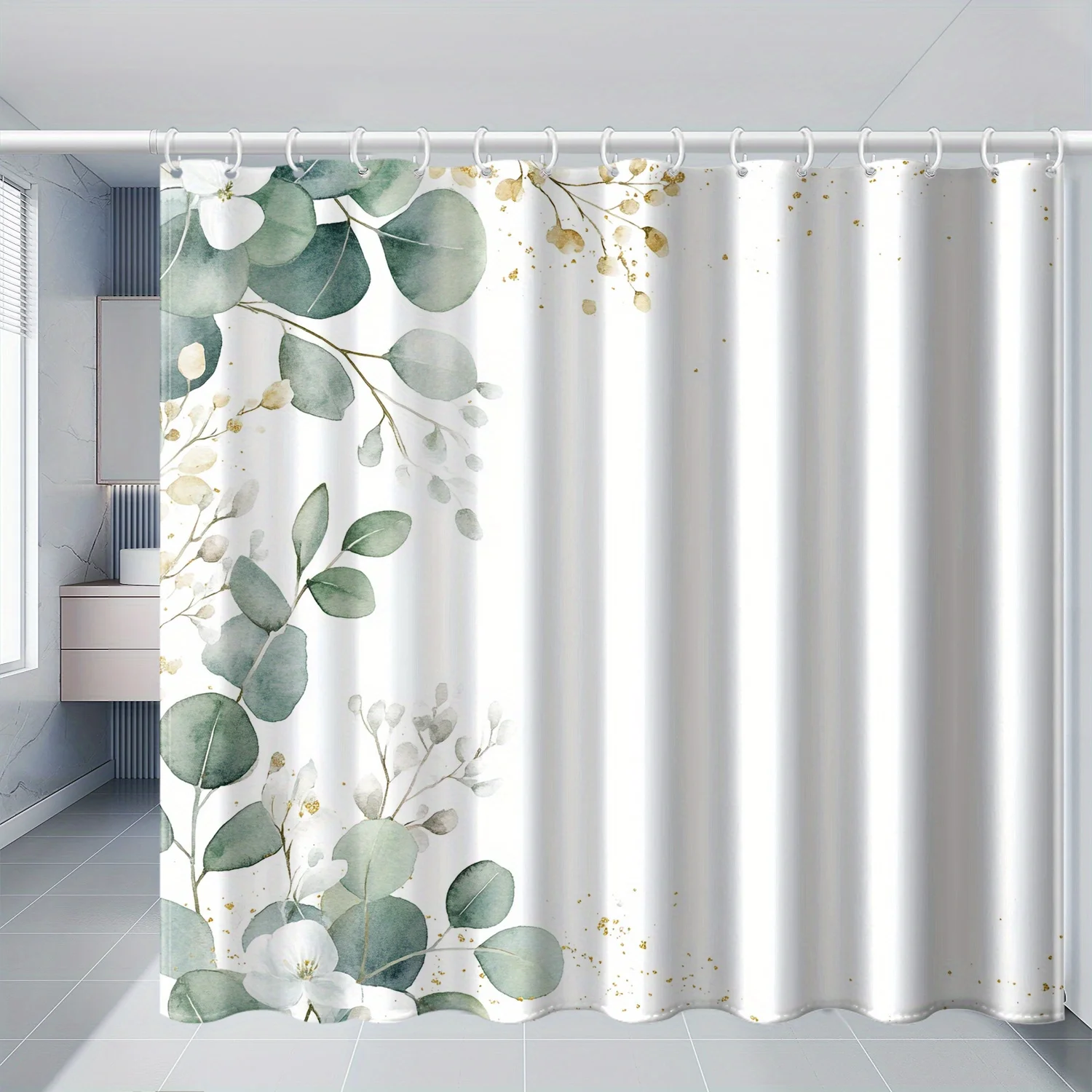 1pc Fresh Watercolor Eucalyptus Leaves with White Flowers Pattern Nordic Style Cross-border Printed Shower Curtain Bathroom Home