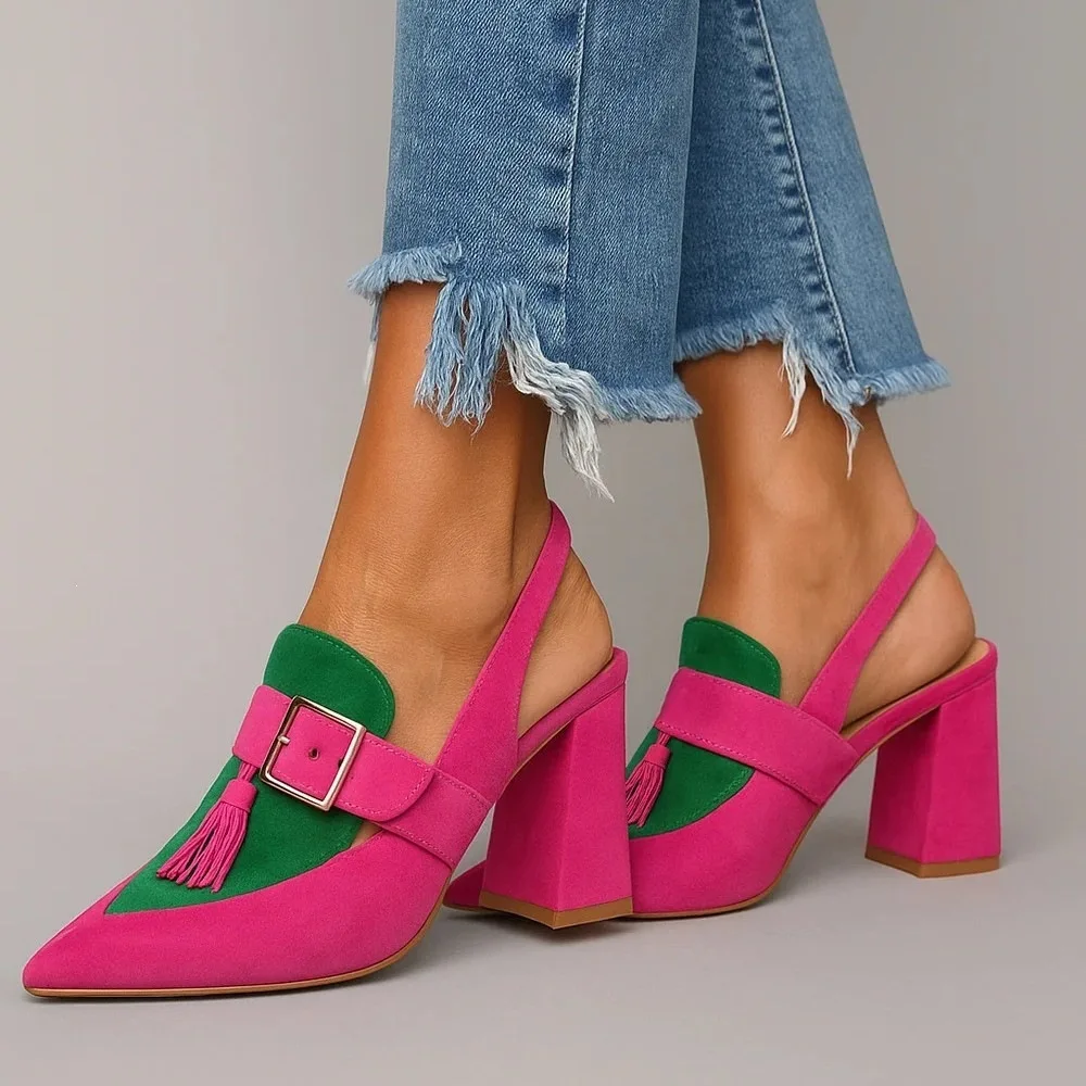 

Strap Buckle Tassel Colorblock Pumps Pointed Toe Chunky Heels Women's Sandals