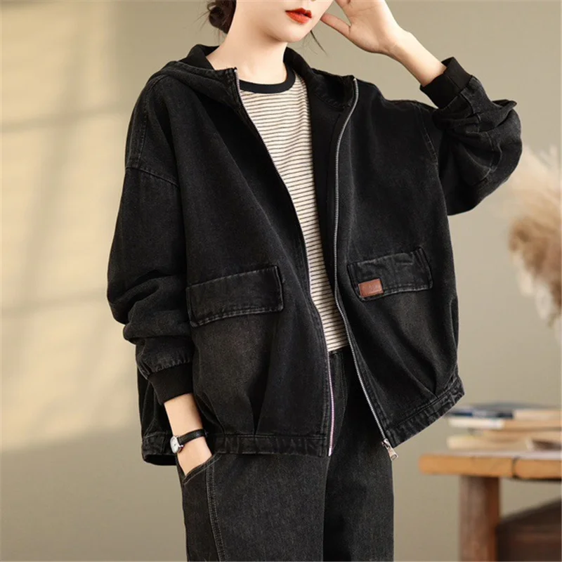 Masss Wasss Punk Spring Vintage Hooded Ladies Denim Jackets Fashion Leisure Classic Outerwear Loose Harajuku Streetwear Clothes