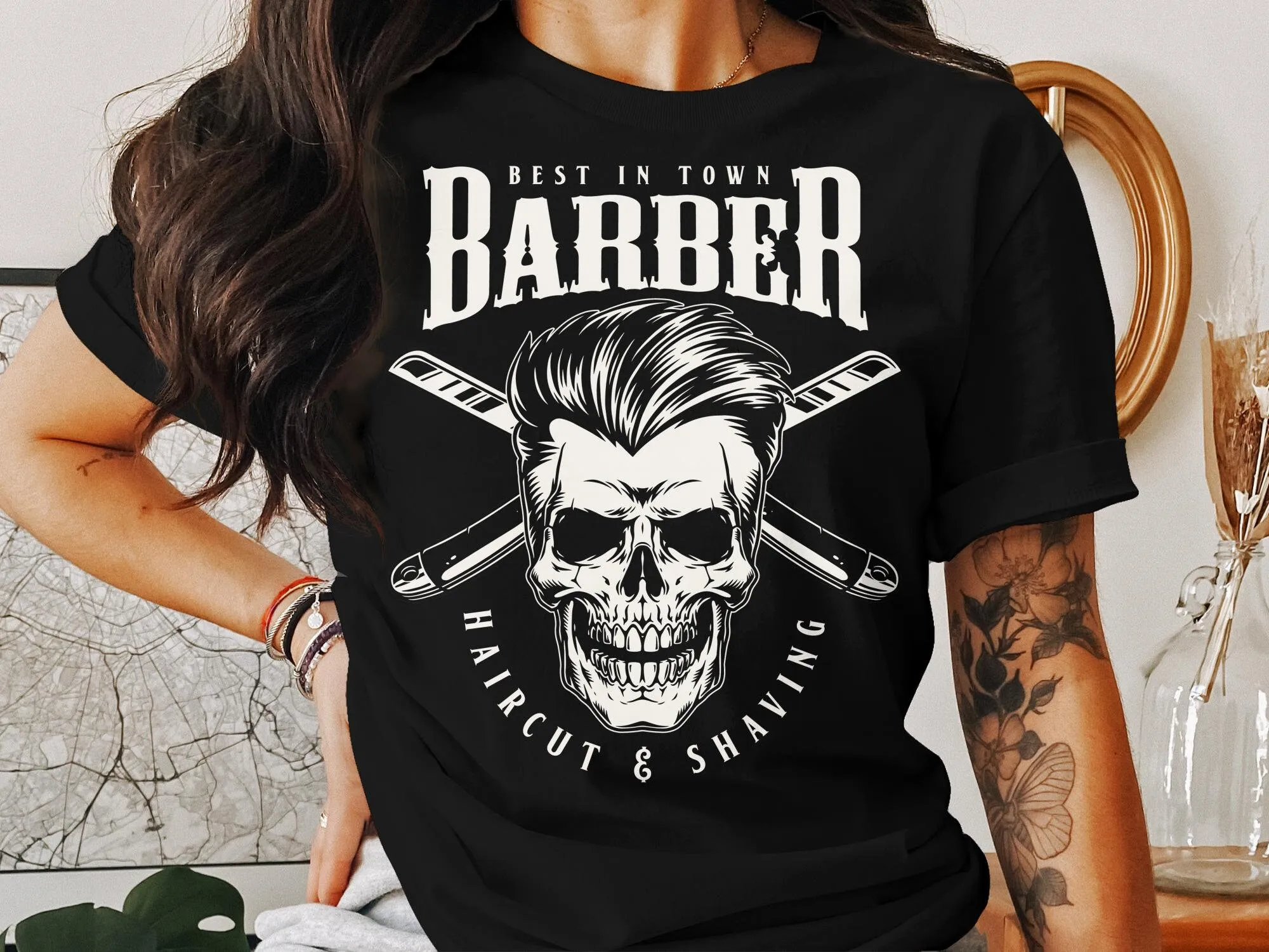 Barber Skull T Shirt Best In Town Haircut And Shaving Men'S Biker Shop Urban Style For Him