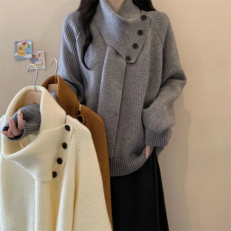 Korean Knitted Sweaters Women Chic Removable Scarf V Neck Loose Casual Pullovers Fall Winter All Match Solid Simple Fashion Tops