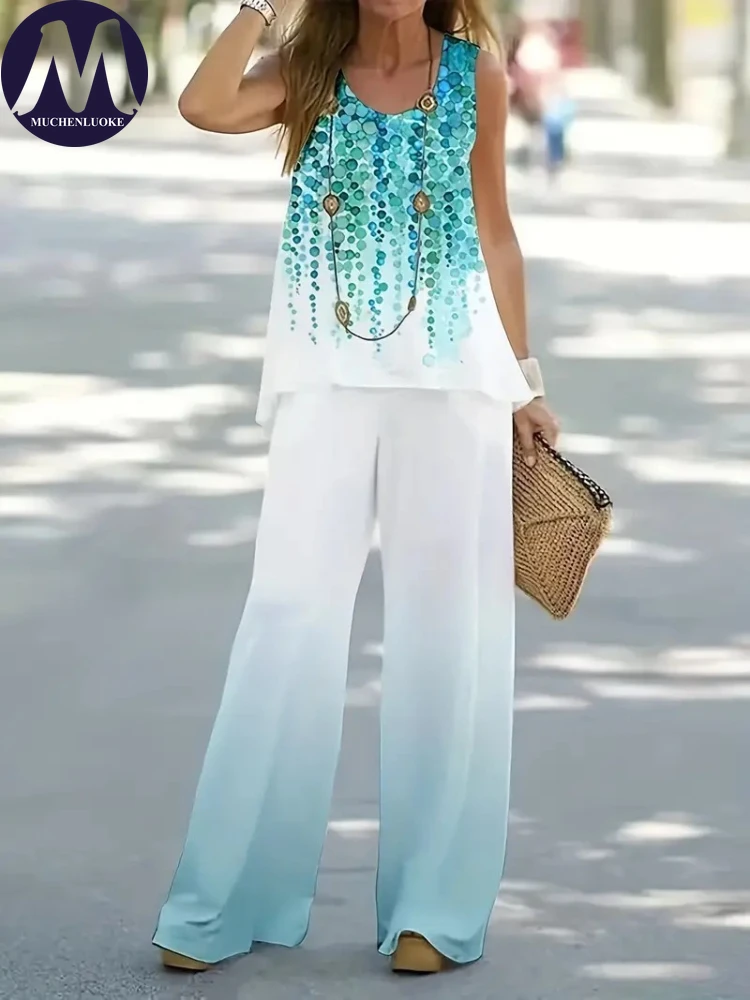 

Two-piece Ladies Set Summer New Casual Printing Sleeveless Vest Tops Suits Fashionable Loose High Waisted Wide Leg Pants Sets