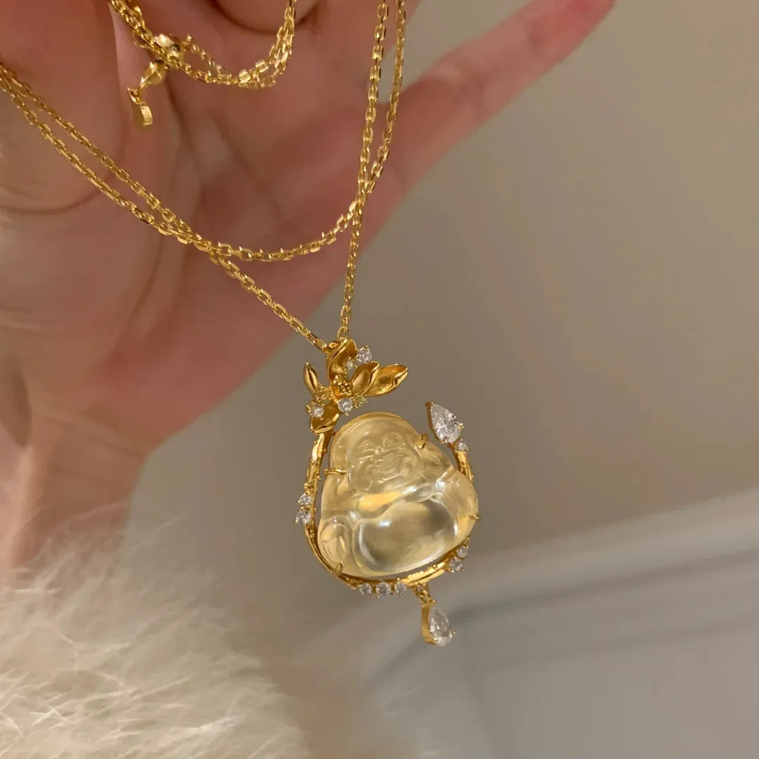 Women's Fashion Necklace 2026 Chinese Style Hand Carved Water Jade Laughing Buddha Pendant Inlaid Zircon Lotus Decor Gold Plated view 6