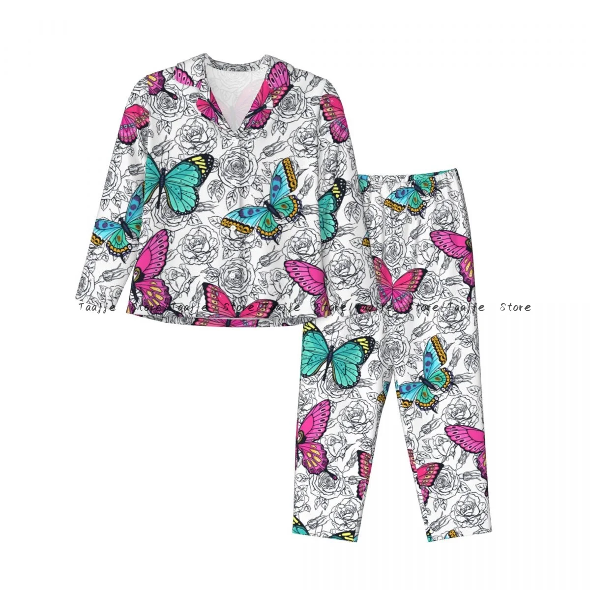 Spring and Autumn Pajama Set Women's Long Sleeve Pants Two Piece Hand Drawn Roses And Colorful Butterflies Home Furnishing Set